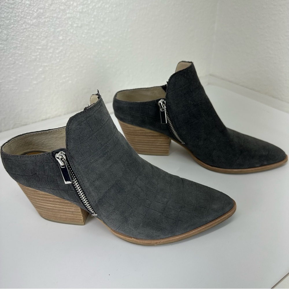 Dolce Vita Gray Suede Croc Almond Toe Closed Toe Heeled Mule Slide Bootie